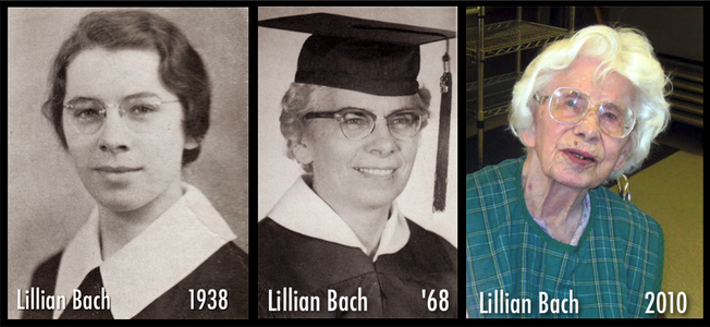 a collage of Lillian Bach from 1938, 1968 and 2010