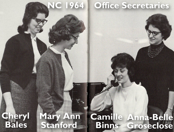 Picture of Cheryl Bales and office secretaries from the 1964 NC Yearbook