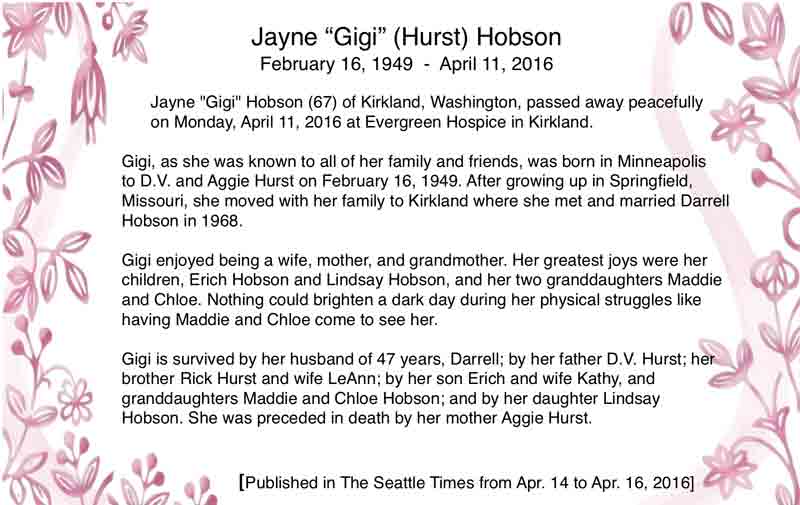 Graphic of Gigi's Obituary