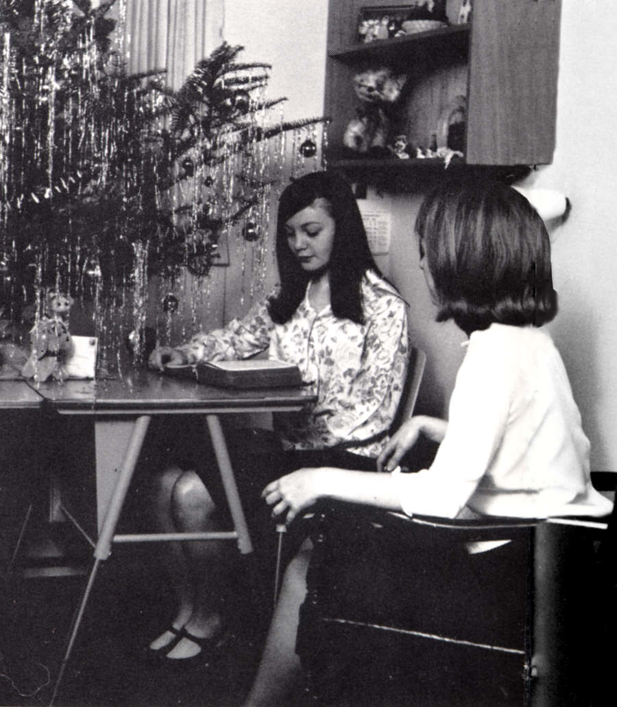 Linda & Lois Olsen dorm room at Christmas 1966