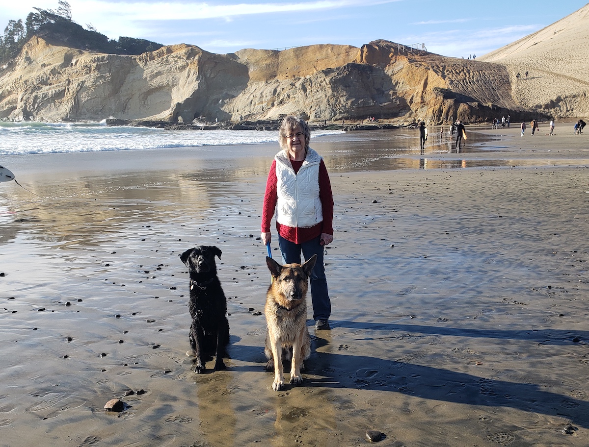 Becki & dogs on beach at Ocean City, OR